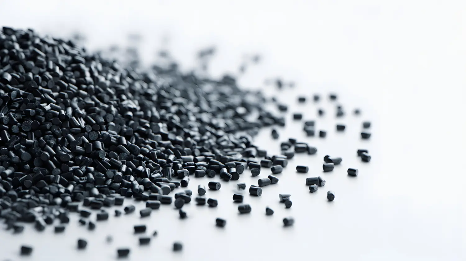 Nimius Plastics - Schwarze thermoplastische Granulate Rohpolymermaterial für Spritzguss, industrielle Verwendung und Recycling, schwarze Kunststoffgranulate vor weißem Hintergrund